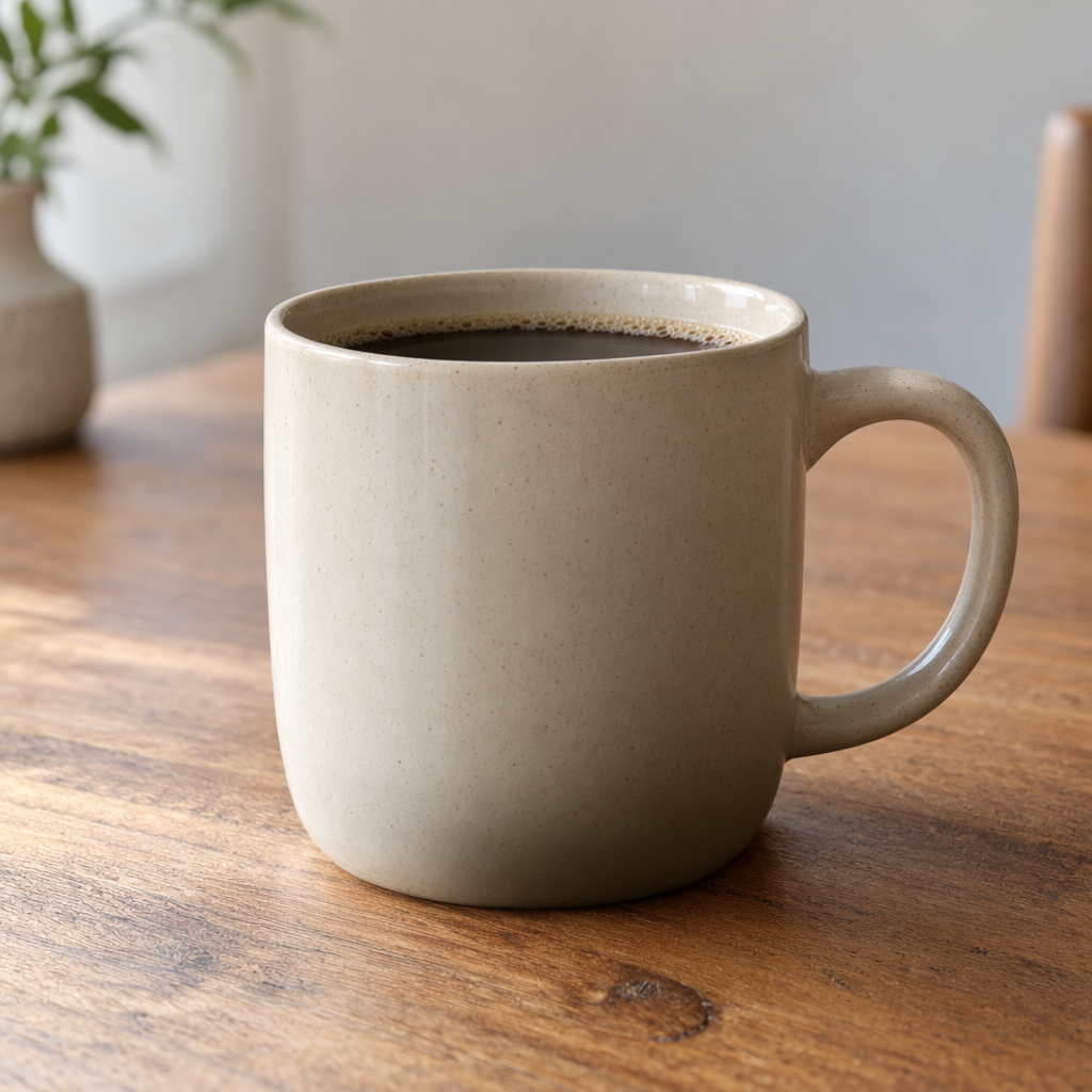 OpenAI GPT Image 2.5 example of a beige coffee mug on a wooden table